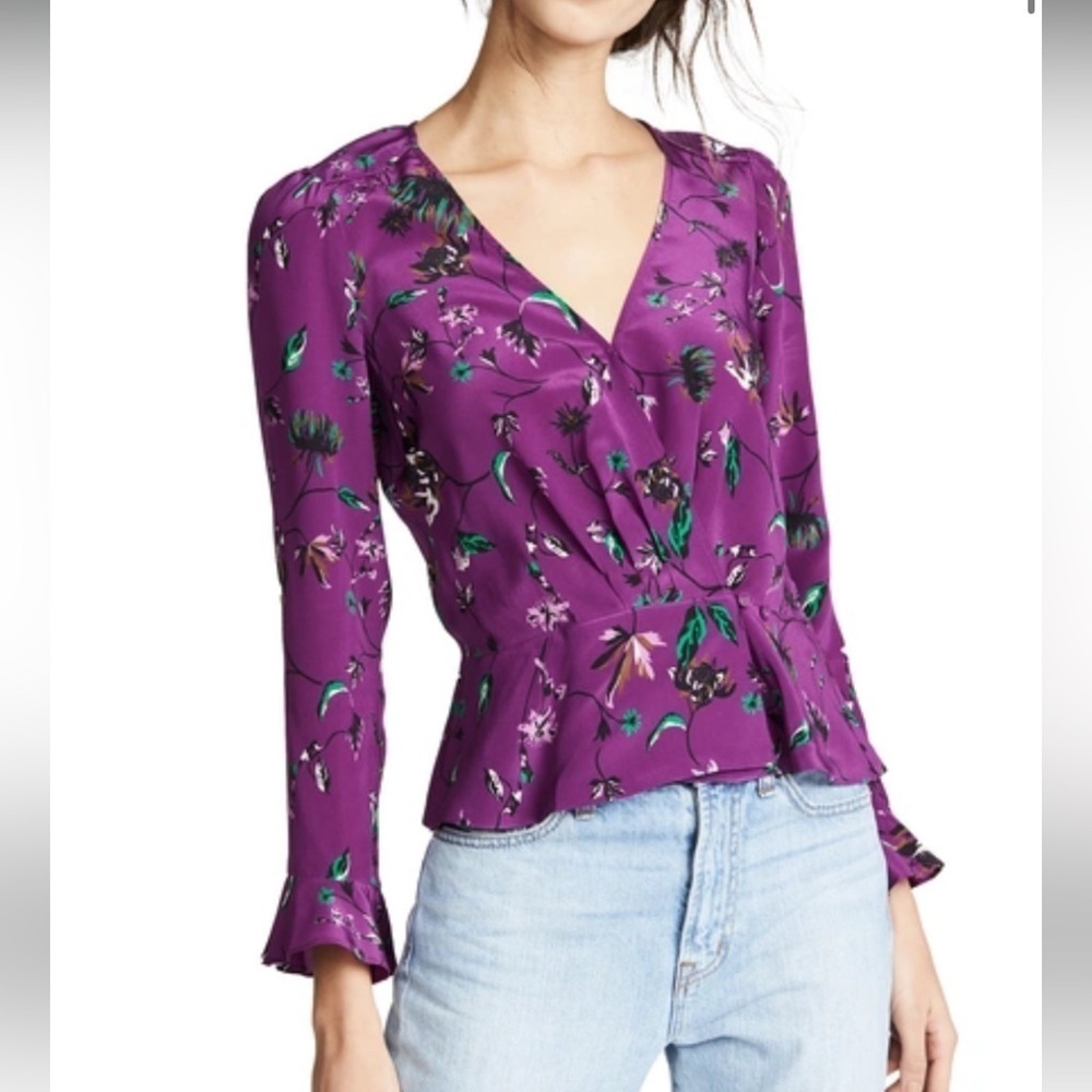 Tanya Taylor NWT Clio Printed Bell Sleeve Silk Wrap Blouse in Purple Floral 0/XS